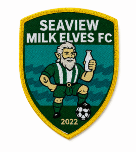 Custom woven football club patch with detailed artwork and merrow border