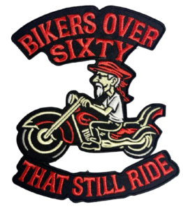 Bikers Over Sixty custom embroidered biker patch with motorcycle design