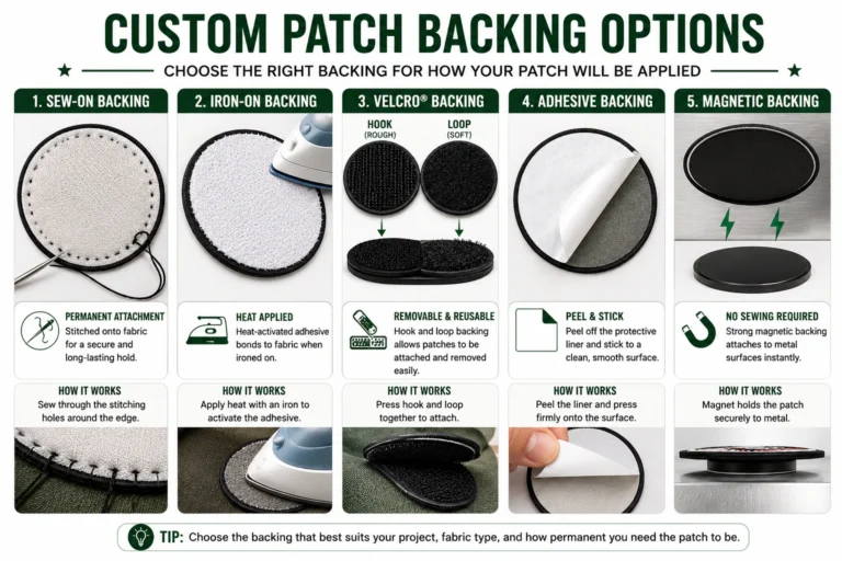 Custom patch backing options including sew-on, iron-on, Velcro, adhesive and magnetic backing