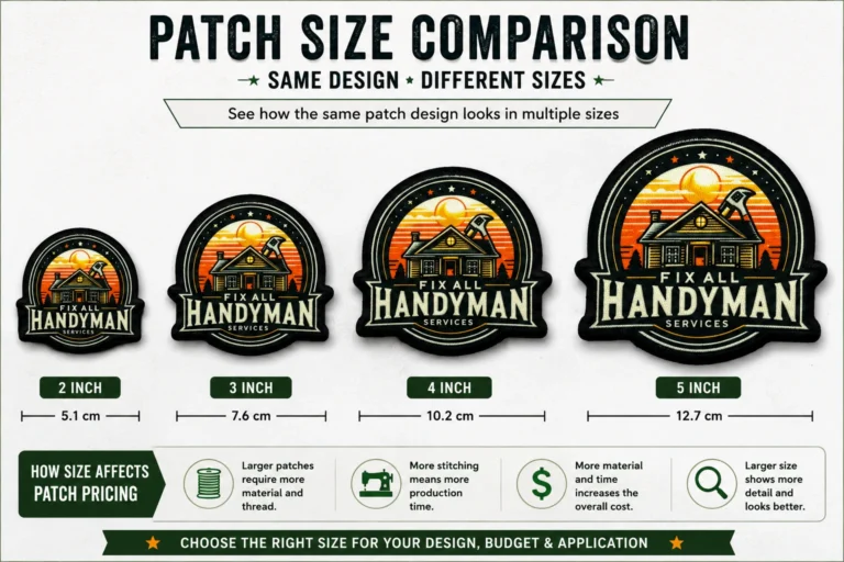 Custom patch size comparison showing the same handyman patch design in 2 inch, 3 inch, 4 inch and 5 inch sizes