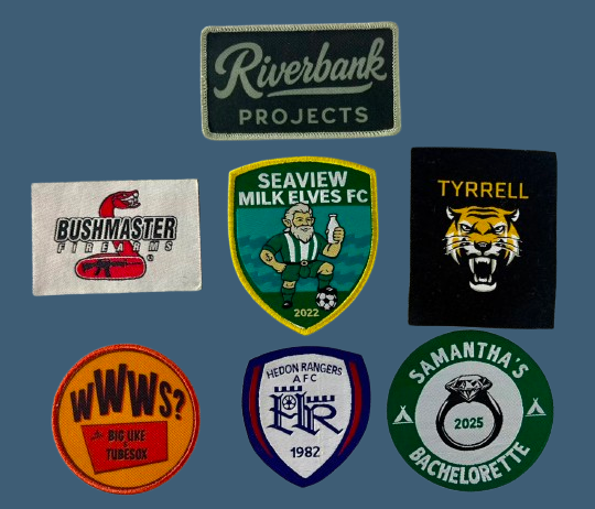 Custom woven patches with detailed logos and sharp text examples