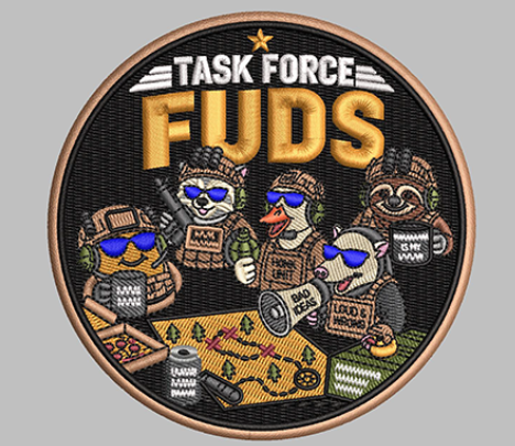 Custom embroidered Task Force FUDS patch with detailed artwork and merrow border