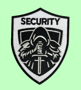 Custom embroidered security patch with raised stitching and bold design