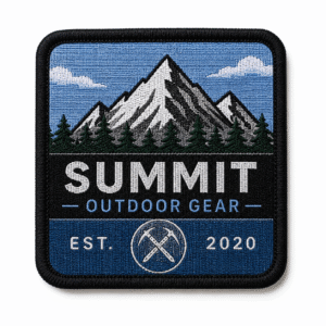 Custom woven patch featuring a detailed mountain logo, small text, and merrow border