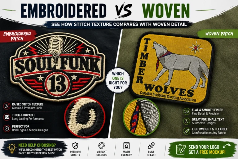 Embroidered vs woven patches Ireland comparison
